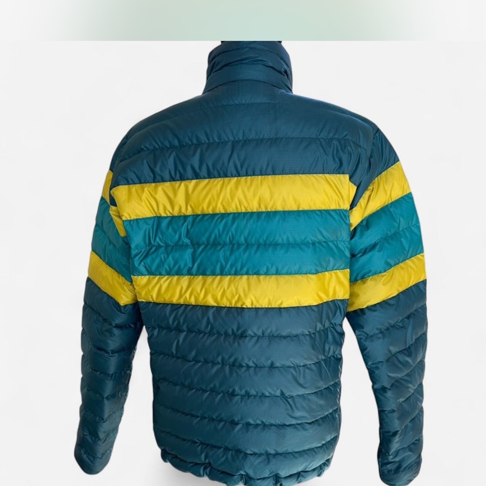 Patagonia Men’s Teal, Yellow & Dark Teal Striped Puffer Jacket - Picture 2 of 7